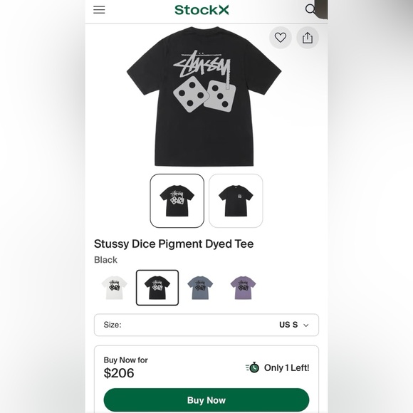 STUSSY Dice Pigment Dyed Tee Mens T Shirt Black & Gray Size S - Picture 2 of 10